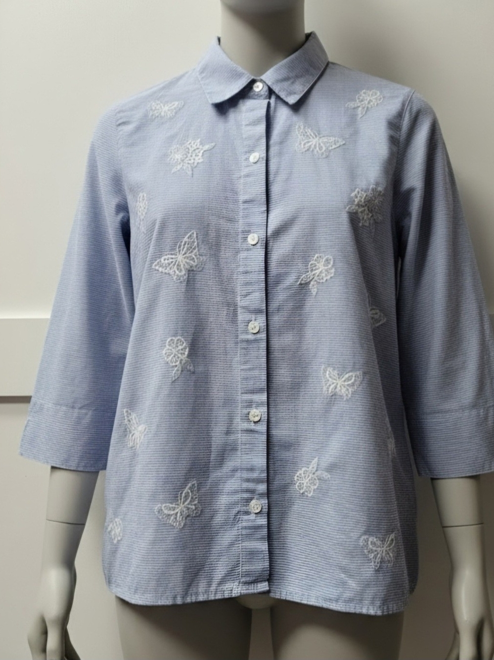 Alfred Dunner Light Blue Button-Down Shirt with White Butterfly Embroidery